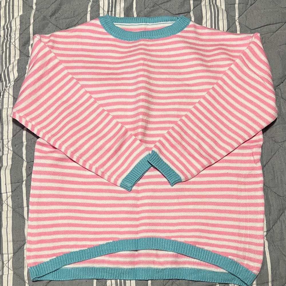 Amazon Essentials Pink and Teal Striped Kids Sweater